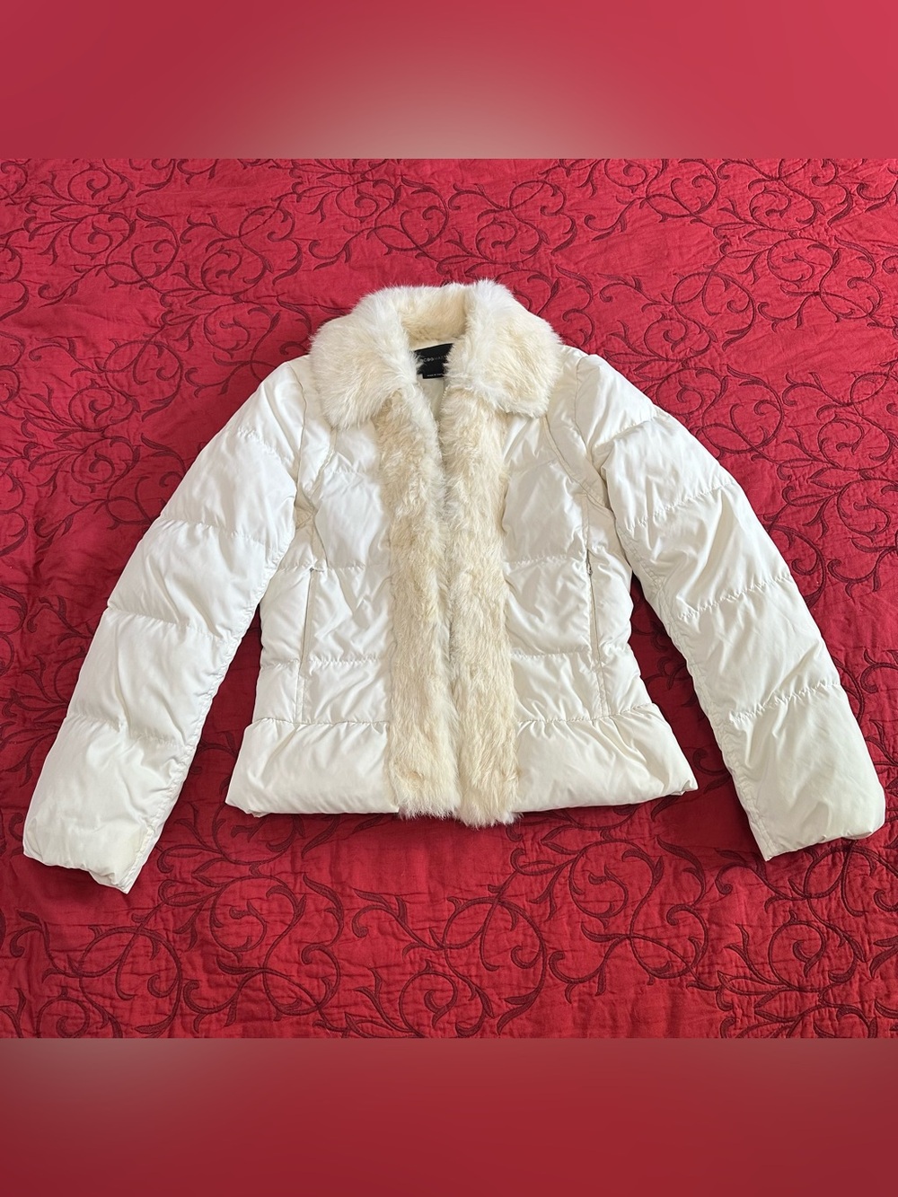 BCBGMaxAzria Cream/White Natural Rabbit Fur Trim Puffer Jacket